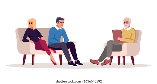 Couple psychotherapy session semi flat RGB color vector illustration. Marriage counseling. Marital conflict. Psychologist appointment. Relationship problems. Isolated cartoon character on white