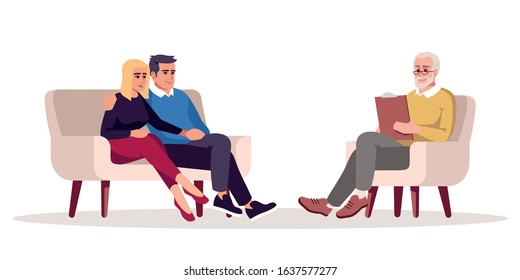 Couple psychotherapy session semi flat RGB color vector illustration. Marriage counseling. Talk therapy. Psychologist appointment. Relationship problems. Isolated cartoon character on white