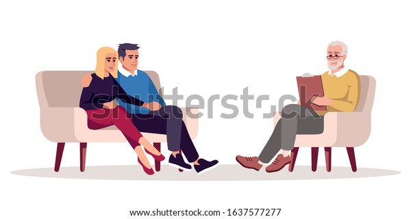 Couple psychotherapy session semi flat RGB color\
vector illustration. Marriage counseling. Talk therapy.\
Psychologist appointment. Relationship problems. Isolated cartoon\
character on white