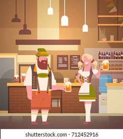 Couple In Pub Wearing Traditional Clothes Drink Beer In Bar Oktoberfest Party Celebration Man And Woman Fest Concept Flat Vector Illustration