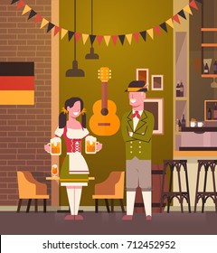 Couple In Pub Wearing Traditional Clothes Drink Beer In Bar Oktoberfest Party Celebration Man And Woman Fest Concept Flat Vector Illustration