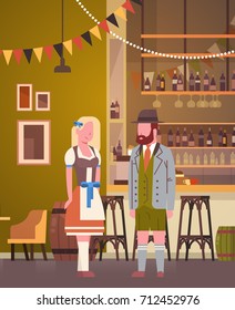 Couple In Pub Wearing Traditional Clothes Drink Beer In Bar Oktoberfest Party Celebration Man And Woman Fest Concept Flat Vector Illustration