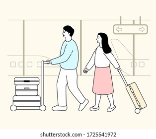 couple pulling a carrier at the airport illustration set. luggage, carrier, airplane, travel. Vector drawing. Hand drawn style.