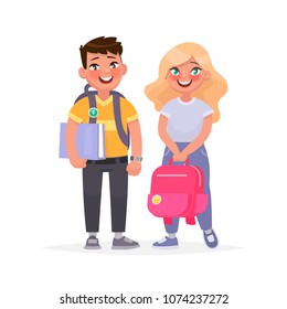 Couple of pupils. A boy and a girl with books and backpacks. Elementary school pupils. Vector illustration in cartoon style