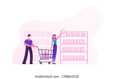 Couple Purchase in Store Take Products from Shop Shelf Pushing Shopping Cart. Family Characters in Medical Masks Buying Food during Covid19 Pandemic in Supermarket. Cartoon People Vector Illustration