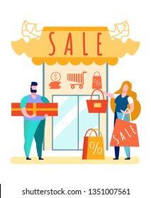 Couple with Purchases Cartoon Vector Illustration. Low Prices, Sale. Discounts in Gift Shop. Cart, Shopping Bag, Coins Stack Signs. Mall Door. Man and Woman in Store. Satisfied Customers, Buyers