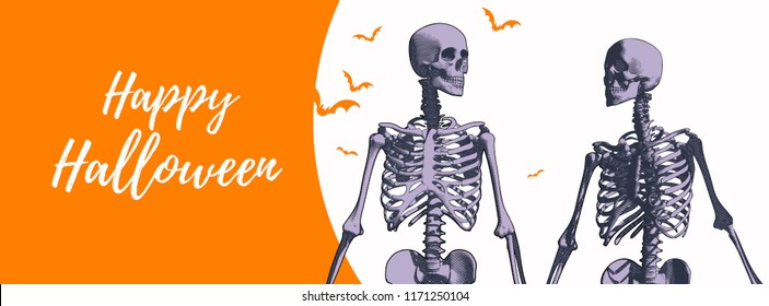 A couple purple engraving human skeleton orange   white background for halloween banner