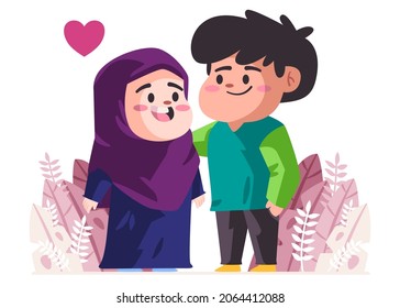 couple with purple hijab and green  shirt looks like happy and romantic modern cartoon flat color isolated background vector illustration