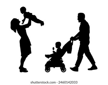 Couple pushing stroller and lifting baby toddler vector silhouette.	