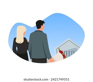 Couple put a funeral flowers on the gravestone burial. Persons in sadness, mourns the dead near the tombstone on grave. Funeral ritual concept. Cartoon funerary ceremonial sorrow flat illustration