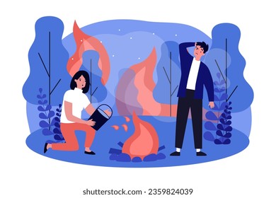 Couple putting out bonfire after camping vector illustration. Cartoon drawing of forest burning during summer due to heat, drought, cigarettes or bonfires. Nature, protection, wildfire concept