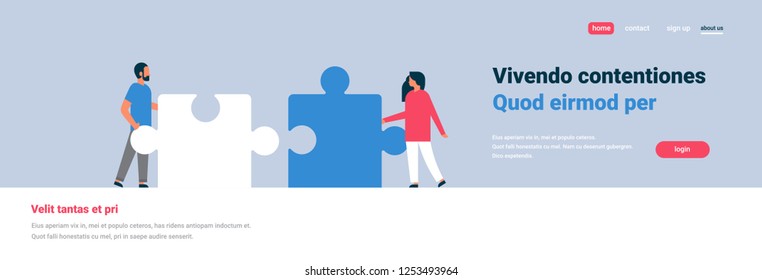 couple putting parts of puzzle together man woman team working concept gray background banner flat copy space