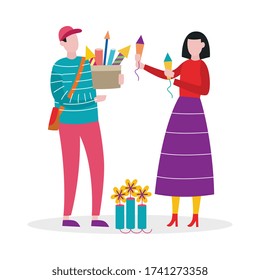 Couple with pyrotechnic equipment - cartoon man and woman getting ready for celebration with box full of fireworks and sparklers. Flat isolated vector illustration