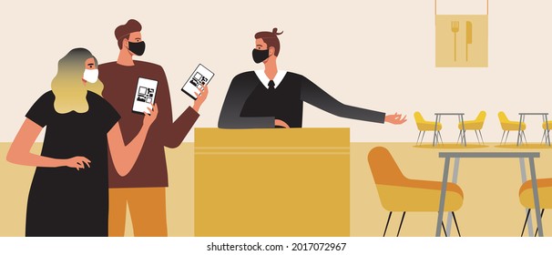 Couple with QR code booking a restaurant. Flat vector stock illustration. Food for the vaccinated. People in face masks. QR passport of health. Vaccinated people in a restaurant. Vector illustration