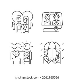 Couple quality time linear icons set. Spending free time as family. Romantic dates. Weekend with partner. Customizable thin line contour symbols. Isolated vector outline illustrations. Editable stroke