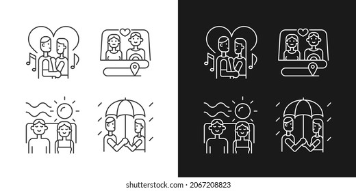 Iconos lineales de calidad de par para el modo oscuro y luminoso. Pasando tiempo como familia. Fin de semana con consejos de socios. Símbolos de línea delgada personalizables. Ilustraciones aisladas del contorno vectorial. Trazo editable