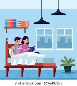 couple in quarentine bedroom scene vector illustration design