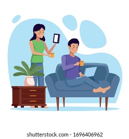 couple in quarentine livingroom scene vector illustration design