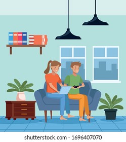 couple in quarentine livingroom scene vector illustration design