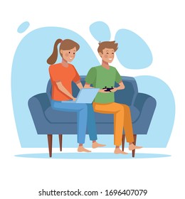 couple in quarentine livingroom scene vector illustration design