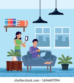 couple in quarentine livingroom scene vector illustration design