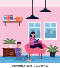 couple in quarentine livingroom scene vector illustration design