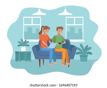 couple in quarentine livingroom scene vector illustration design