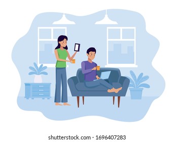 couple in quarentine livingroom scene vector illustration design