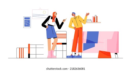 Couple quarrel, angry male and female characters conflict. Husband and wife scandal, divorce, family relations, spousal abuse. Furious people swear and argue, Line art cartoon flat vector illustration