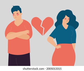 Couple quarrel, argue, fight. Family life between husband and wife. heartbroken sad young man and woman. Love, marriage breakup, human relationships, divorce, separation concept. Vector illustration.