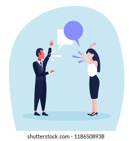 couple quarrel business conflict situation people shouting each other chat bubble dispute concept boss argue employee hard working process male female cartoon character full length vector illustration