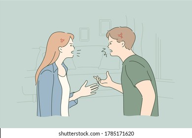 Couple, quarrel, confict, divorce, stress concept. Young angry man woman boyfriend girlfriend cartoon character arguing with each other. Bad relationship between friends or family members illustration