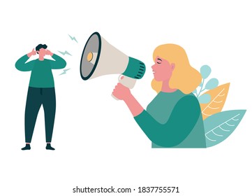 Couple quarrel. Conflict. Family problems, pressure at work. Psychological abuse. Vector illustration of angry woman screaming in megaphone at the man. 