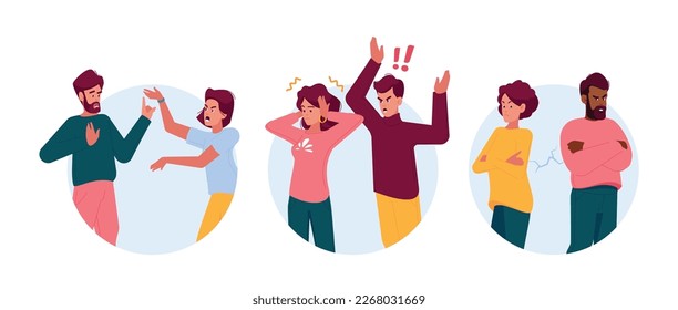 Couple Quarrel, Conflict, Trouble, Breakup Isolated Round Icons or Avatars. Partners Shout on Each Other, Anxious Male and Female Characters Express Tense and Aggression. Cartoon Vector Illustration