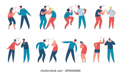 Couple quarrel, family conflict, angry men and women arguing. Couples fighting, characters yell at each other, relationship problems vector set. Husband and wife having furious behavior