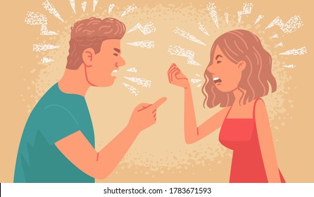 Couple quarrel. Family conflict between husband and wife. Angry man and woman shout at each other to sort things out. Vector illustration in flat style