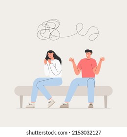 Couple quarrel. Family conflict between husband and wife. Woman is crying, the man does not understand the problem. Flat vector illustration