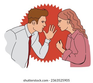 Couple quarrel. Family conflict between husband and wife. Angry man and woman shout at each other to sort things out. Vector illustration in flat style