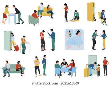 Couple in quarrel flat set of people having relationship problem leaving family arranging divorce isolated vector illustration