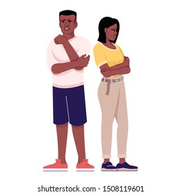 Doppelstreiter, flache Vektorgrafik. afroamerikanische Familie streitet. Beziehungskrise. Mann und Frau beleidigte und traurige einzelne Cartoon-Figuren mit Rahmenelementen auf weißem Hintergrund