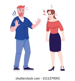Couple quarrel flat vector illustration. Emotional family conflict. Domestic violence against men. Angry woman and defending man isolated cartoon characters with outline elements on white background