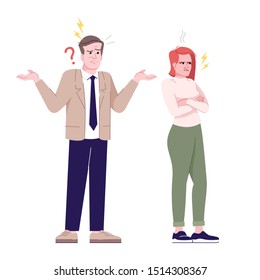 Couple quarrel flat vector illustration. Family arguing. Relationship crisis and misunderstanding. Angry woman, man in confusion isolated cartoon characters with outline elements on white background