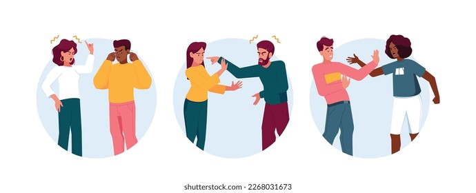 Couple Quarrel einzelne runde Symbole oder Avatare. Partner rufen einander an, ängstliche männliche und weibliche Charaktere, die Zärtlichkeit und Aggression ausdrücken. Ärger, Zerfall, Scheidung. Cartoon-Vektorgrafik