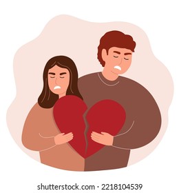 A couple in a quarrel keeps a broken heart. The concept of complex relationships, resentment. A man and a woman had a fight. Vector graphics.