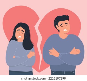 Una pareja en una disputa mantiene un corazón roto. El concepto de relaciones complejas, resentimiento. Un hombre y una mujer tuvieron una pelea. Gráficos vectoriales.