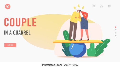 Couple in a Quarrel Landing Page Template. Angry Characters Arguing, Shouting Blaming Each Other Standing on Swing. Husband and Wife Quarreling, Family Trouble. Cartoon People Vector Illustration