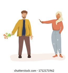 Couple in a quarrel. A man with flowers is trying to apologize to a woman. Husband and wife or couple in upset feelings. Cartoon characters. Flat vector illustration.