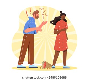 Couple with quarrel. Man and woman shouting at each other. Negative feelings and emotions. Toxic relationships. Young guy and girl unhappy with each other. Flat vector illustration