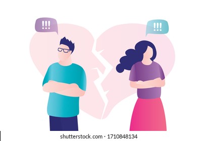 Couple in quarrel. Psychology mental problems concept. Depression and divorce. Relationship family conflict, stress. Broken heart on background. Male and female characters. Flat Vector illustration