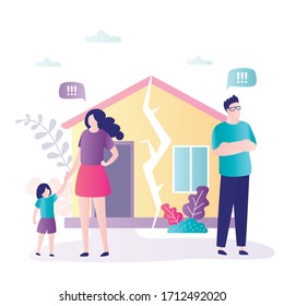 Couple in quarrel. Psychology mental problems concept. Divorce, father leaves family. Daughter with mother. Relationship family conflict, stress. Ruined family house. Flat Vector illustration